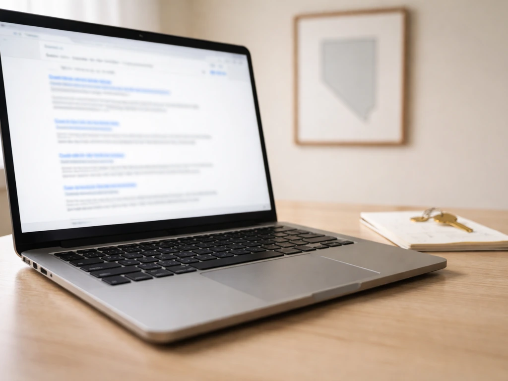 Close-up of a laptop showing a blank browser search page with a Nevada-themed contractor license verification context