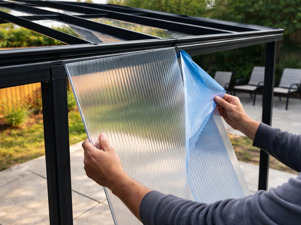 Partially enclosed backyard patio with clear panels and metal framing being installed.