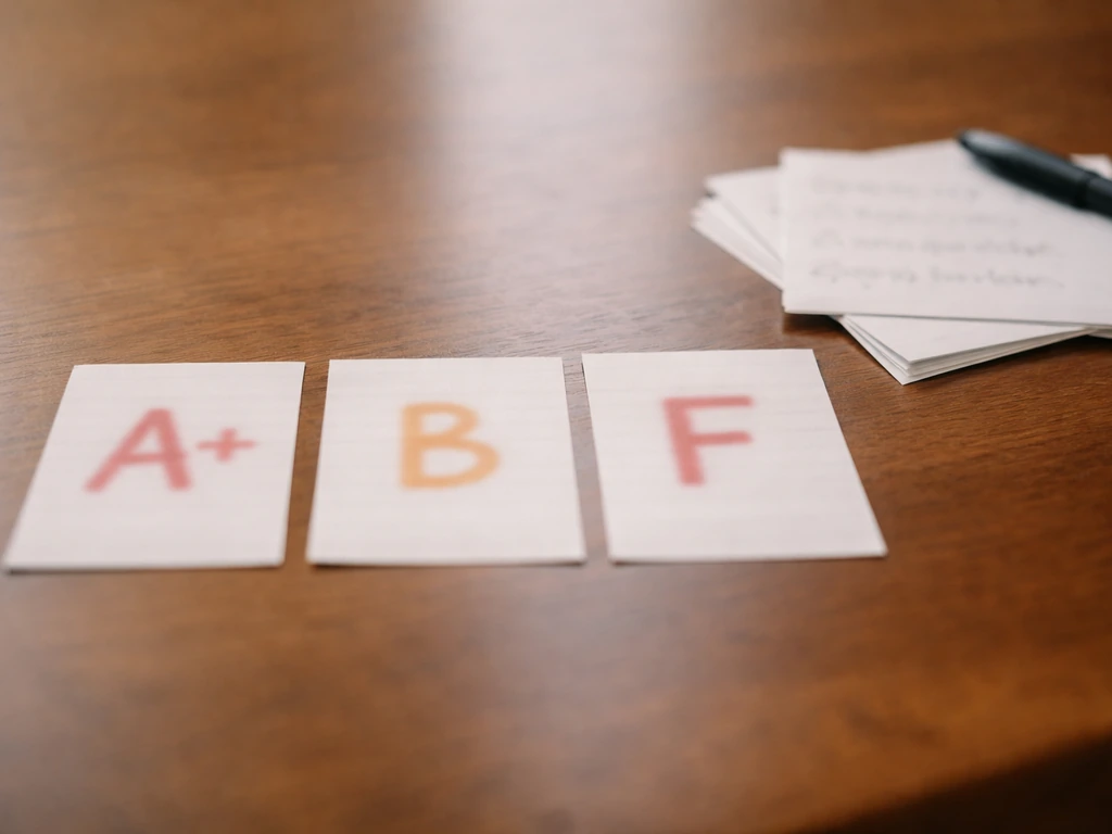 Close-up of a simple card set showing grade letters and blurred complaint notes in the background
