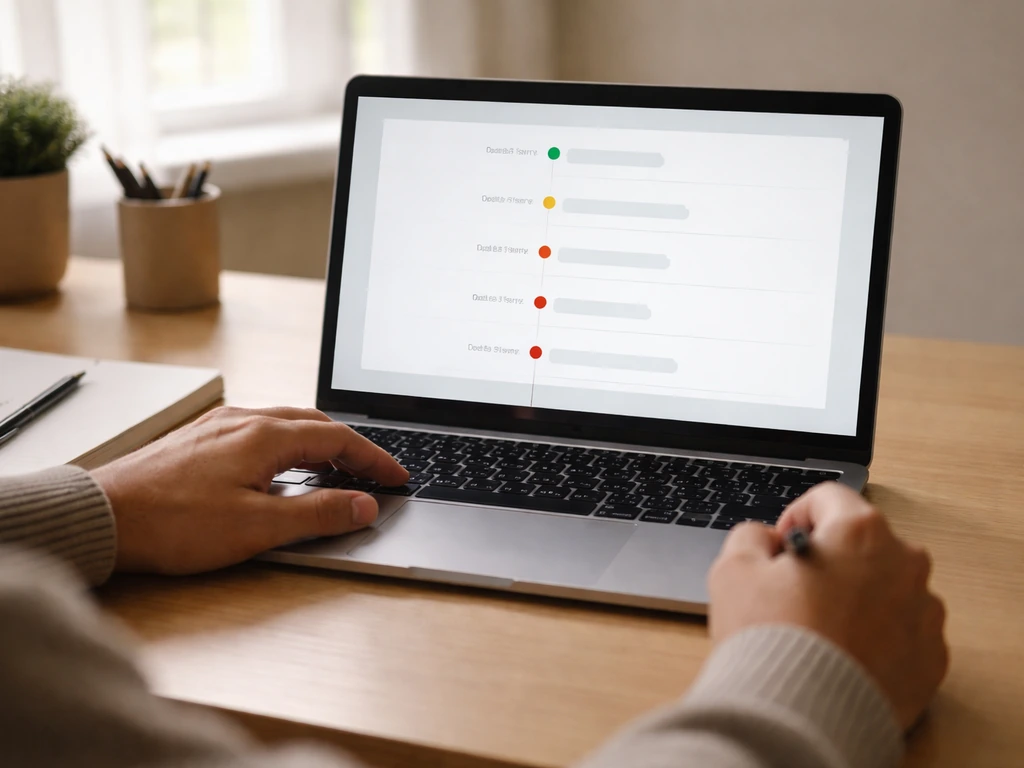 Close-up of hands reviewing a laptop showing a generic complaint history timeline, with a pen and notebook