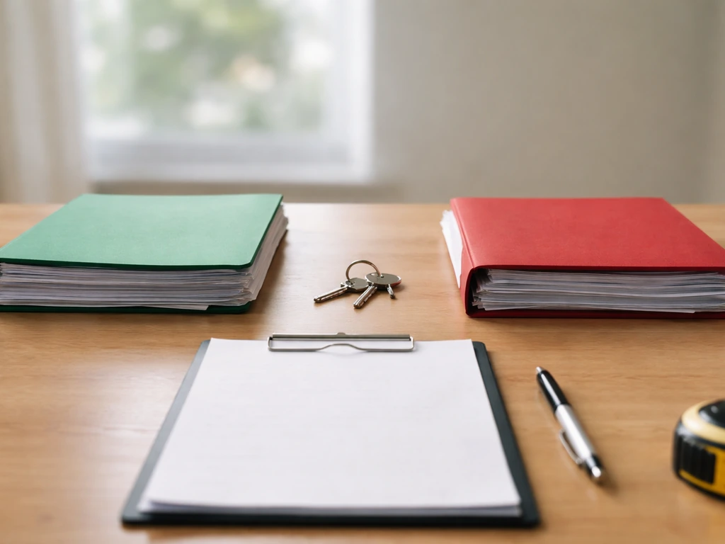 Minimal desk scene with green and red folders side-by-side, suggesting good vs warning signals.
