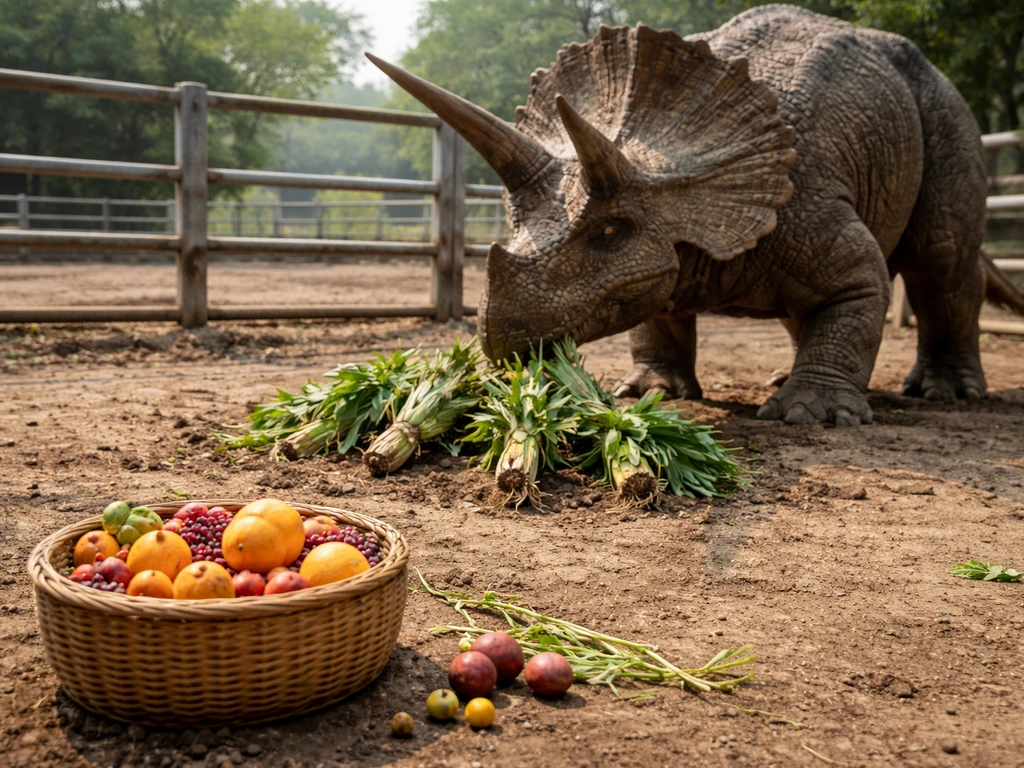 Close-up of a Triceratops pen with plants, a fruit pile, and fast-harvest atmosphere
