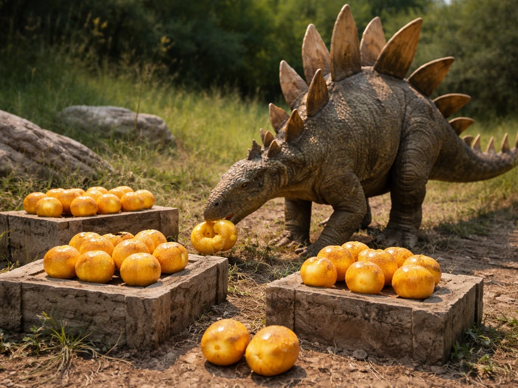 Stegosaurus harvesting glowing prehistoric fruit with visibly duplicated fruit piles in a quiet clearing.