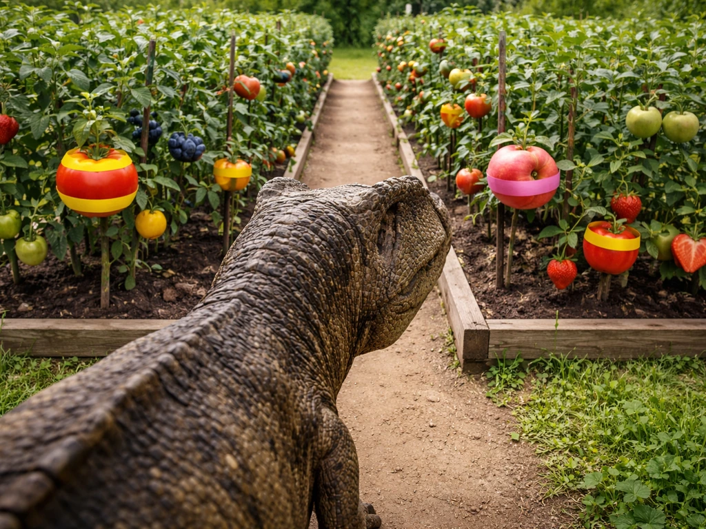 A T-Rex approaching fruit plants with some fruits visibly highlighted as favorites in a simple garden grid.