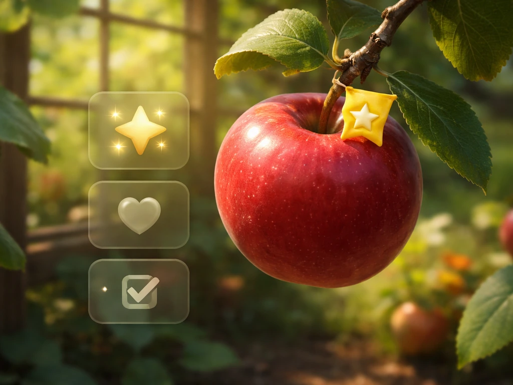 Close-up of a ripe apple in a garden game with a visible favorite star flag and subtle UI overlays.