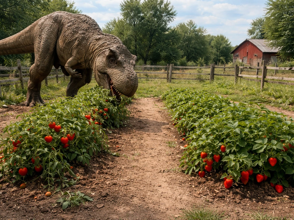 Realistic T-Rex in a fenced farm enclosure choosing a non-favorite fruit plant while the other plant stays untouched.