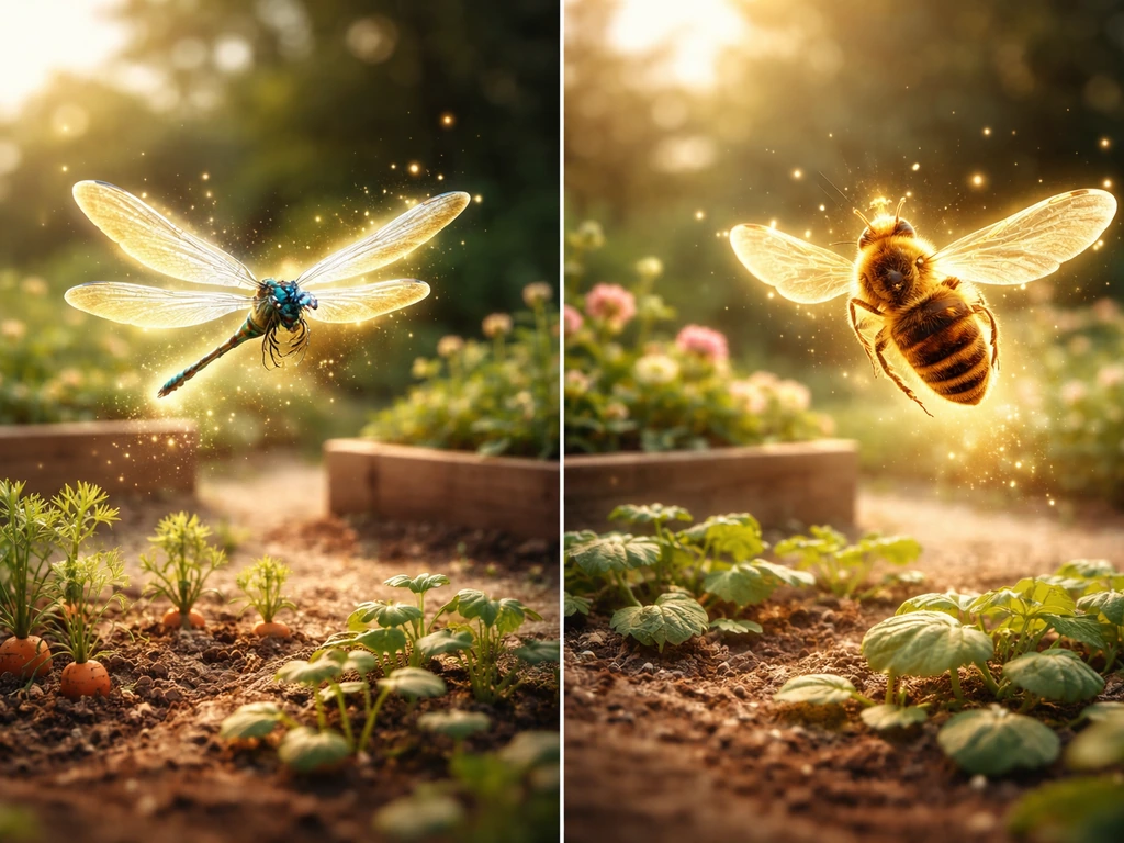 Cinematic split-screen of glowing dragonfly and queen bee above a small illustrated garden farm scene.