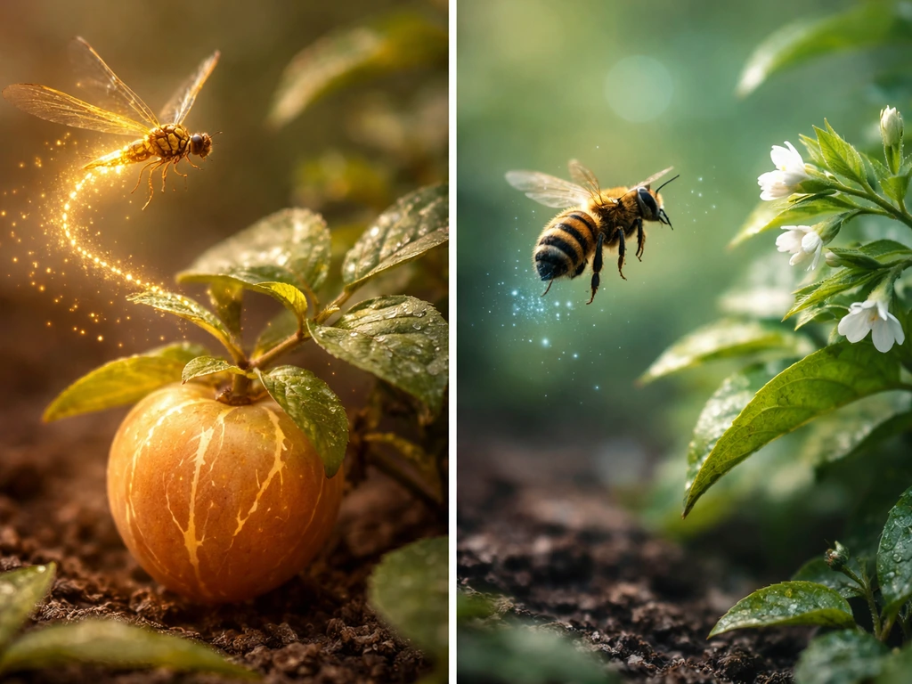 Dragonfly-like insect golden shimmer on a fruit vs bee-like insect refreshing glow on nearby leaves.