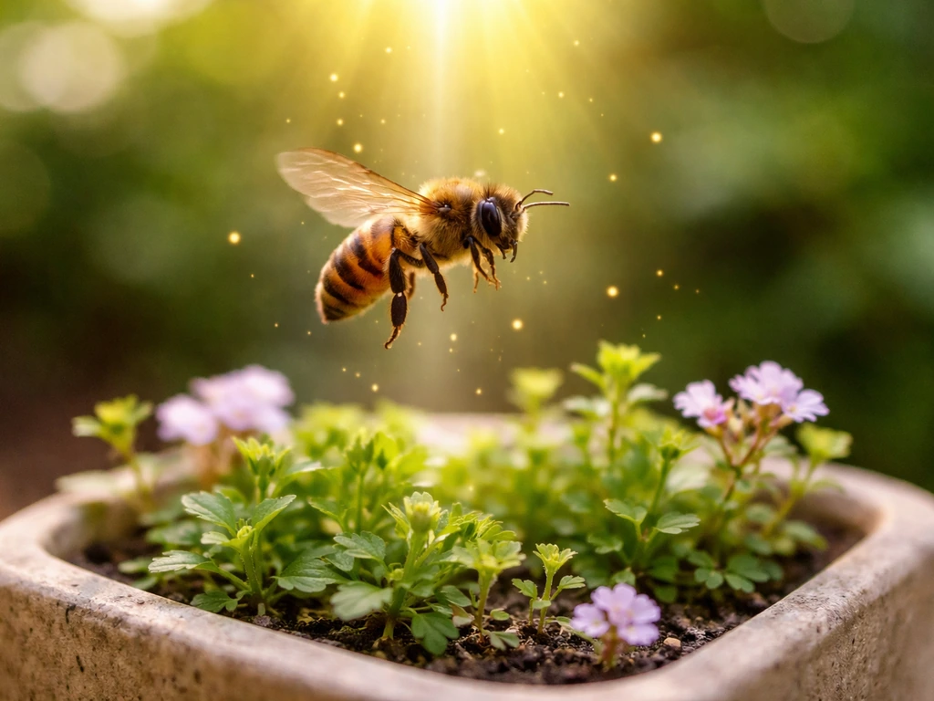 Glowing queen bee hovering above a small garden planter, suggesting a cooldown refresh effect.