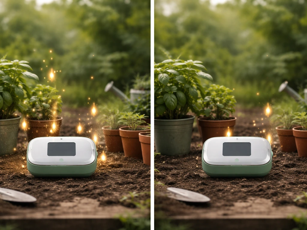 Split view of a garden-like console showing fewer gold pulse ticks after swapping a device