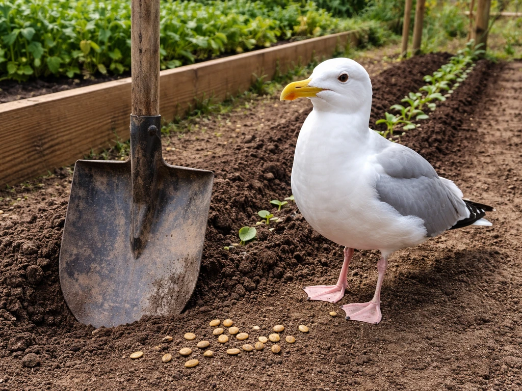 Seagull pet perched beside a shovel and garden bed, showing the passive shoveling setup context.