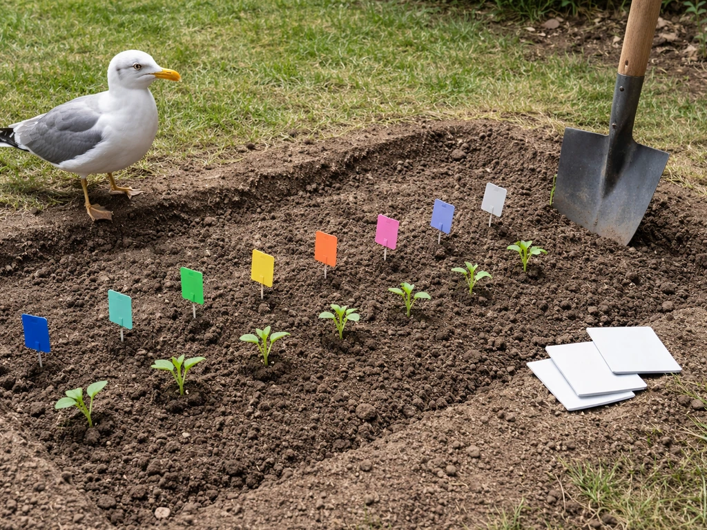 Uniform row of common seeds ready for a controlled shovel test with seagull nearby.
