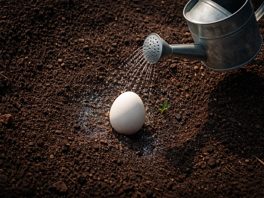 Top-down view of a garden plot with a hovering watering can over soil next to an egg-shaped item