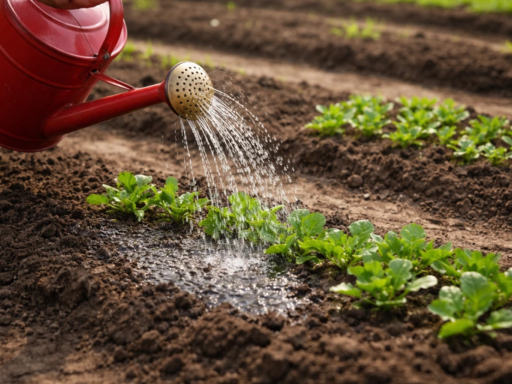 A watering can splashes soil and nearby seedlings appear to instantly grow in an in-game garden patch.