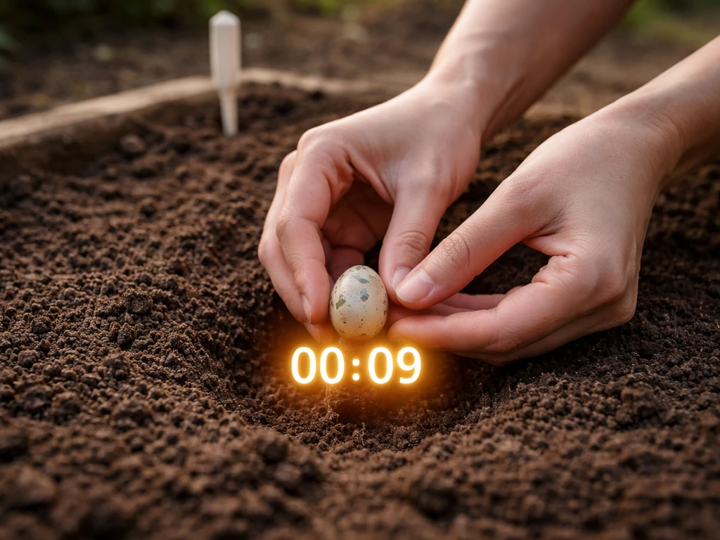 Hands place an egg into an empty garden plot, with a glowing countdown timer near it.
