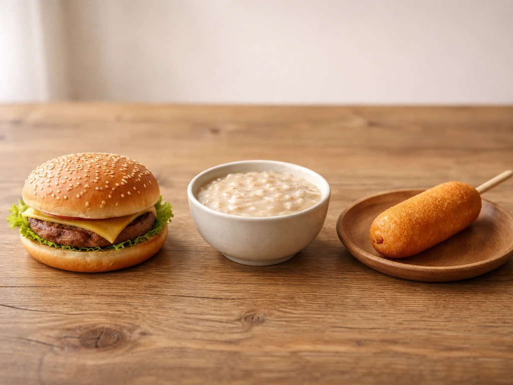 A simple spread of burger, a bowl of porridge, and a corndog on a wooden table
