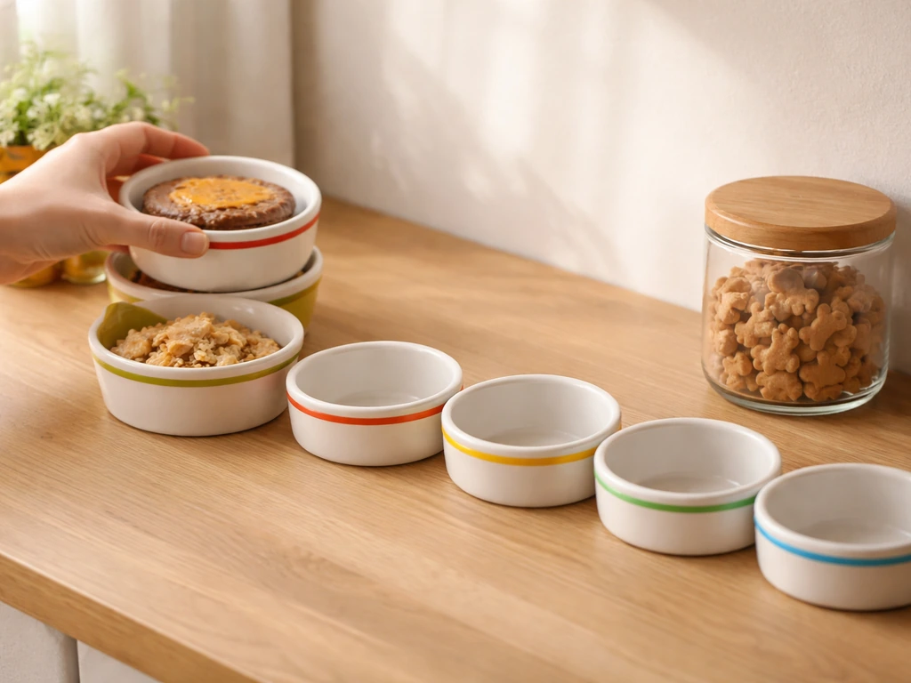 Hand reaching to serve prioritized burger, porridge, and corndog across five meal bowls to suggest feeding levels.