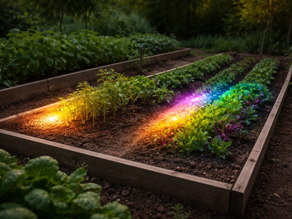 Minimal garden farm scene with a glowing gold mutation zone and a separate rainbow mutation zone for comparison
