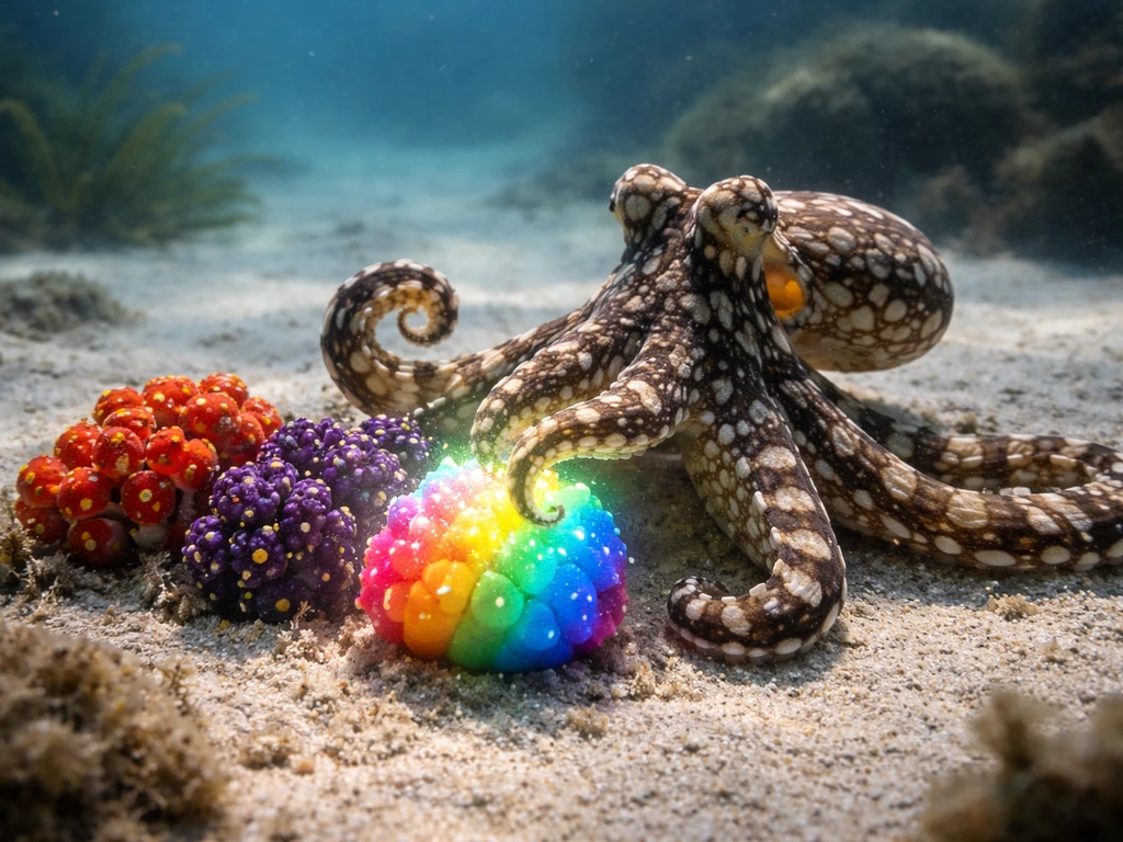Mimic octopus transforming a nearby fruit into a glowing rainbow variant on the ocean floor.