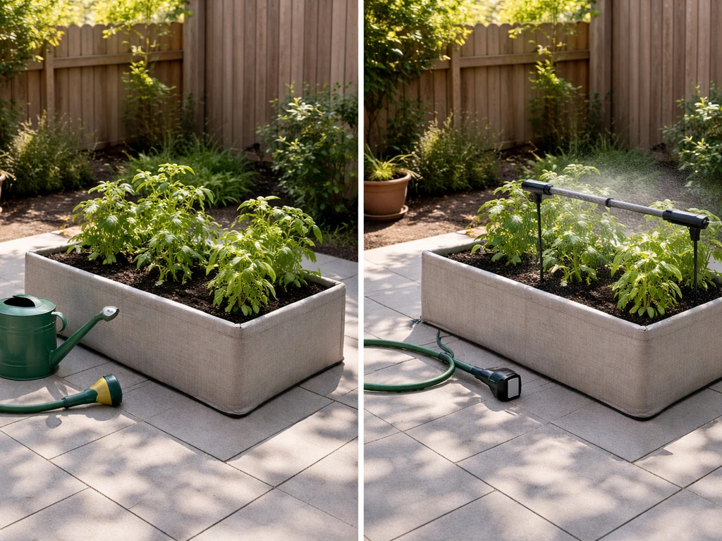 Minimal kitchen garden setup with two plant stations, early watering tools vs later upgraded sprayer