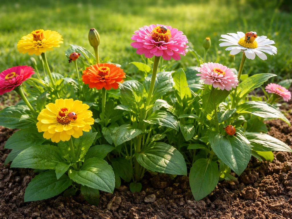 Thriving flower bed with noticeable, lush blooms suggesting fast ladybug-enhanced growth.