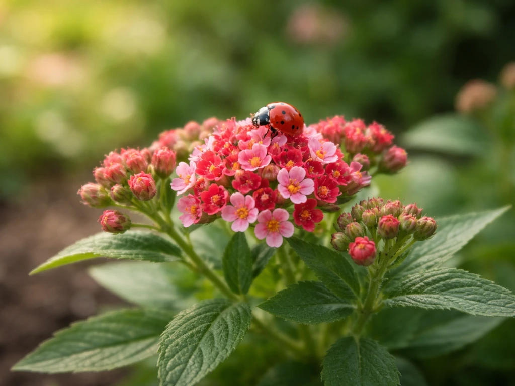 Ladybug perched on a small cluster of blooming flowers in a softly lit garden, suggesting faster growth.