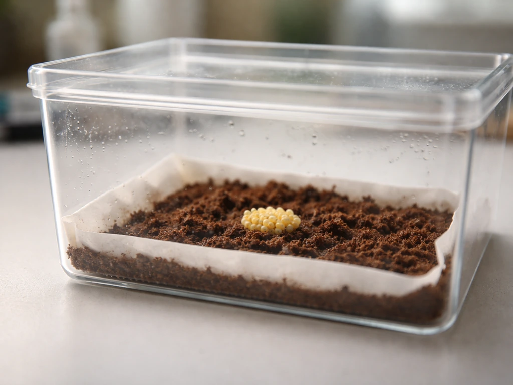 Close-up of an incubator tray with several small ladybug eggs on moist bedding, softly lit and minimal.