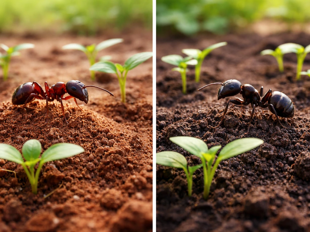 Split-scene of red-toned giant ant vs larger giant ant beside small garden beds and seedlings.