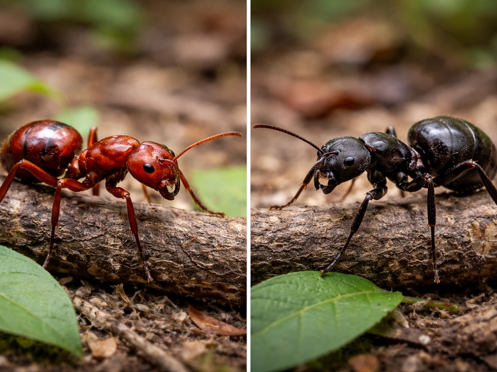 Two different ant-like insects on a twig—one vivid red, one darker—side-by-side for comparison.