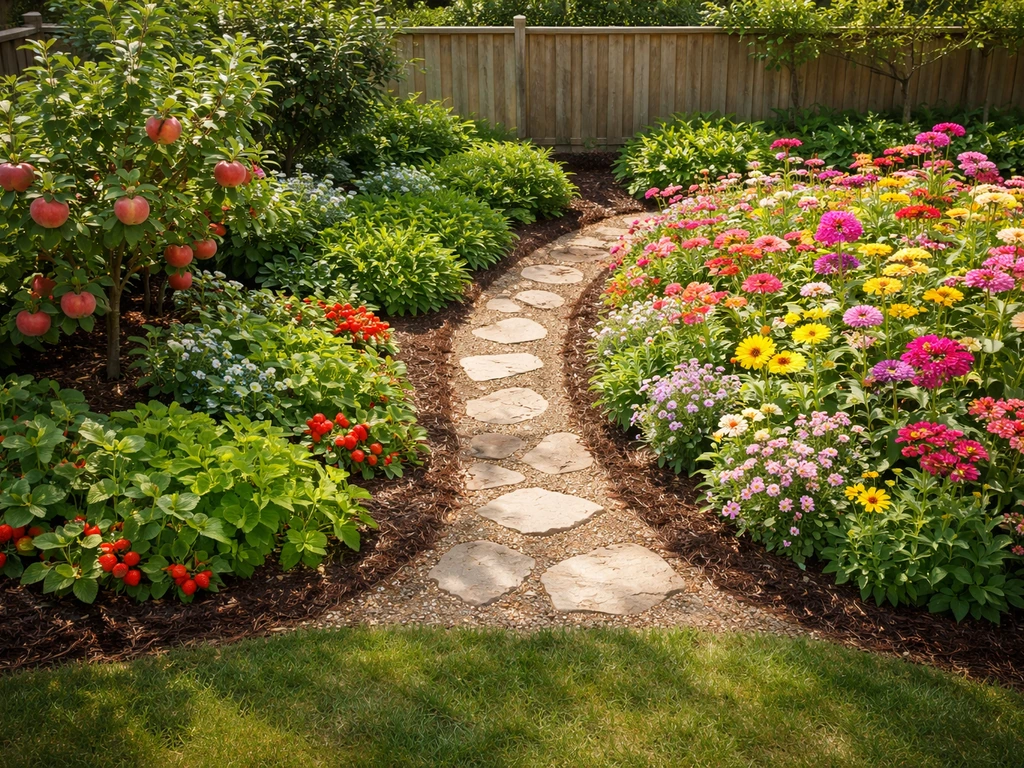 Minimal garden mockup with two clear planting zones: fruit-heavy for Red Giant Ant and candy-crop-heavy for Giant Ant.
