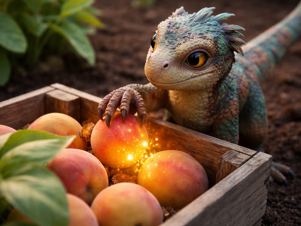Fictional raptor harvesting fruit from a garden crate with a subtle amber glow on the fruit.