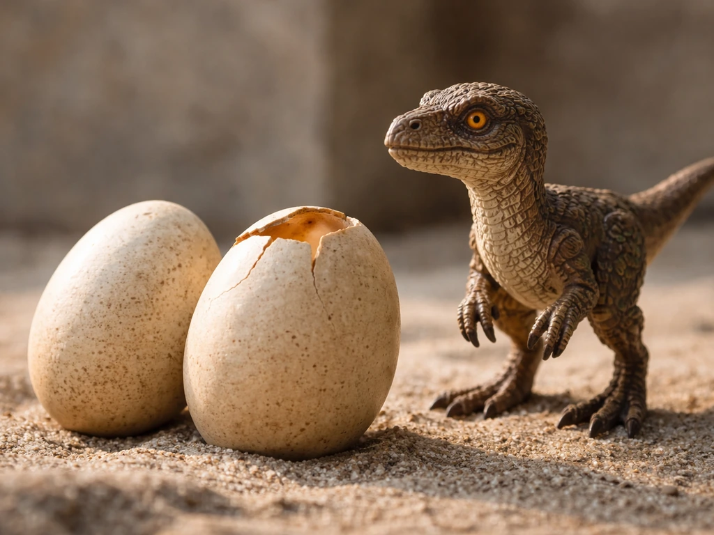 Minimal tabletop scene showing a feathered raptor figurine beside dinosaur egg textures in soft light