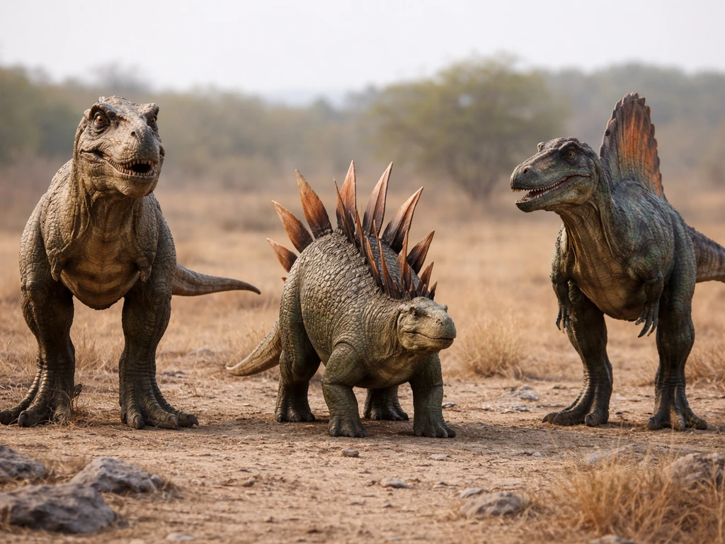 Minimal side-by-side lineup of three realistic dinosaur models representing T-Rex, Stegosaurus, and Spinosaurus in a nat
