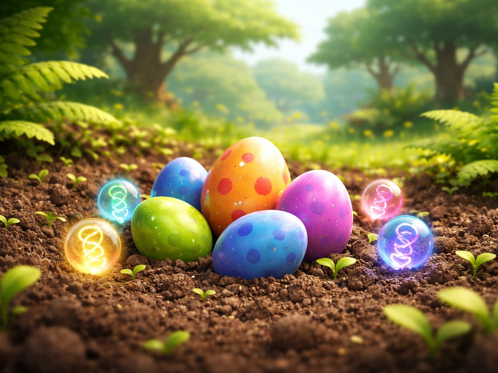 Colorful dinosaur pet eggs and glowing DNA orbs on a garden bed in a prehistoric-style backdrop