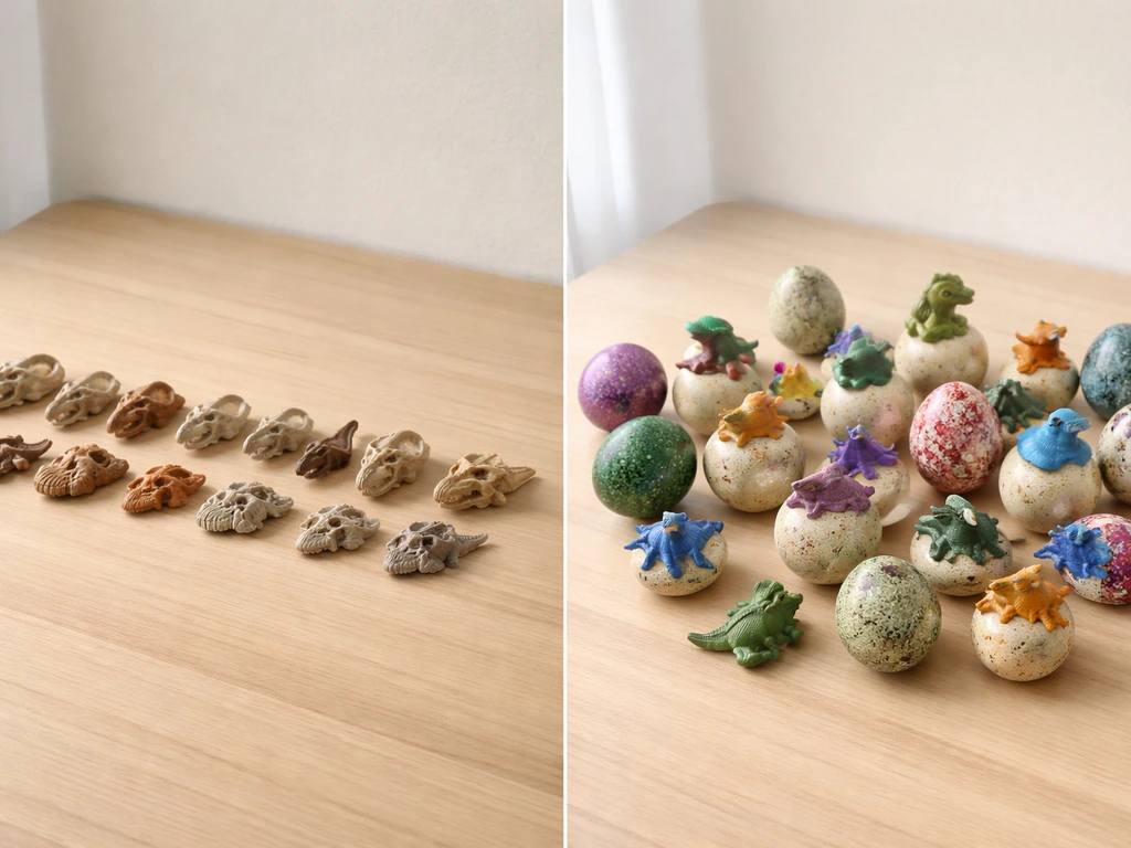 Minimal side-by-side dinosaurs concept: a row of distinct fossils on one side and mixed egg-variants on the other.