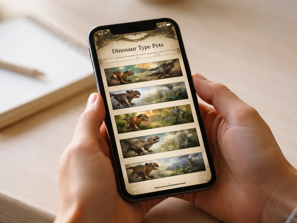 Hands holding a phone displaying a fantasy wiki category list of dinosaur pet entries.