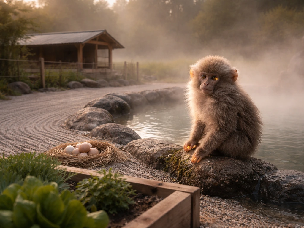 Monkey-themed rare pet by a steaming hot spring beside a Zen egg farm garden bed with fresh greens.