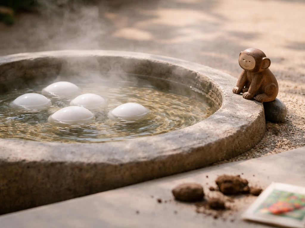 Zen hatch pool with eggs and a subtle monkey-themed pet figurine cue, contrasted with soil and seeds.