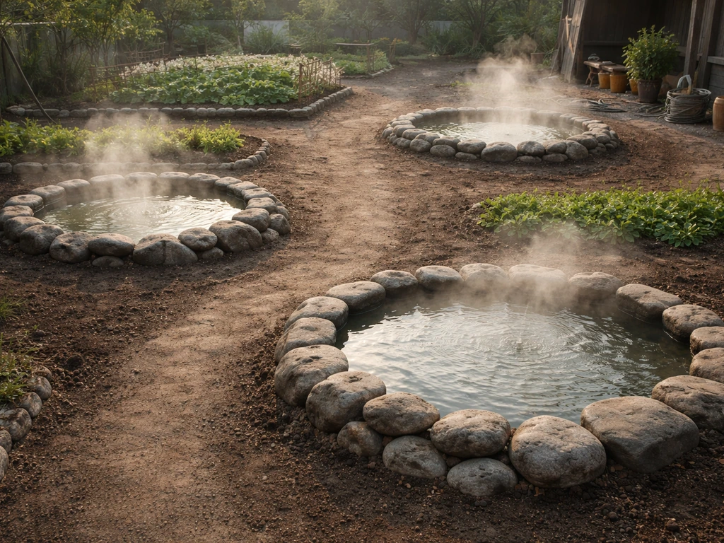 Minimal top-down photo of a small farm layout with three steaming hot spring spots and clear spacing.
