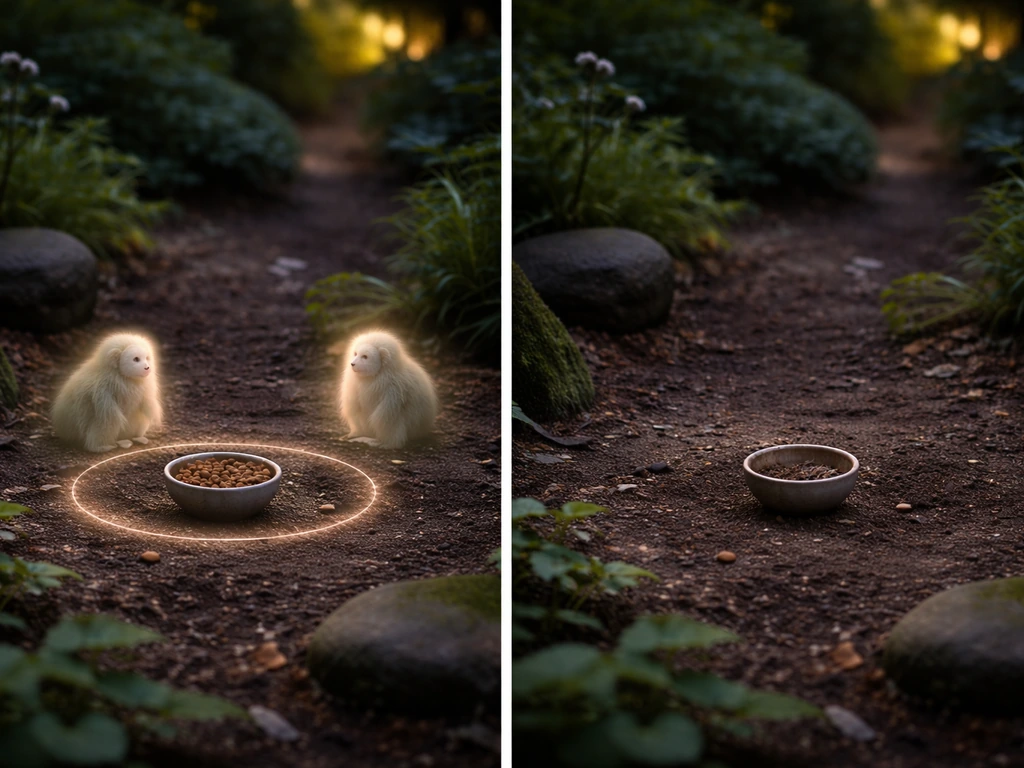 Two small glowing creatures in a garden with an old timing-style treat bowl, then an empty garden after patch