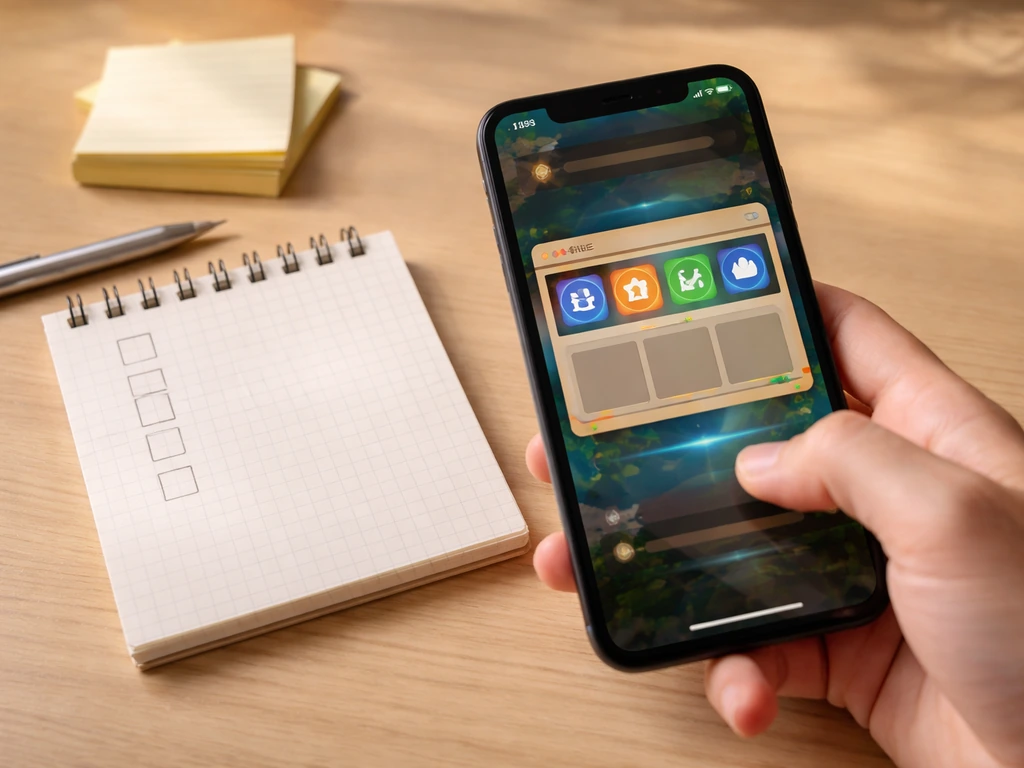 Minimal desk setup with a smartphone showing a game menu and a checklist-style notepad for troubleshooting.