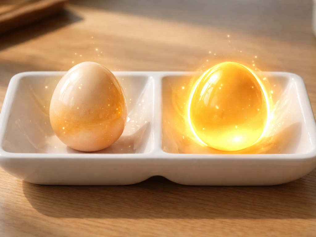 Two glossy eggs side by side in a tray, with brighter glow on the right to suggest faster hatching.