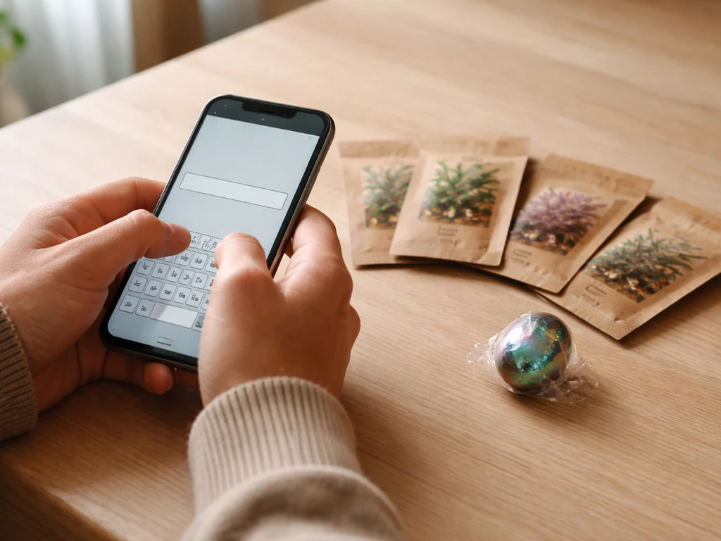 Hands typing a promo code on a phone next to game loot items: an exotic bug egg and seed packs