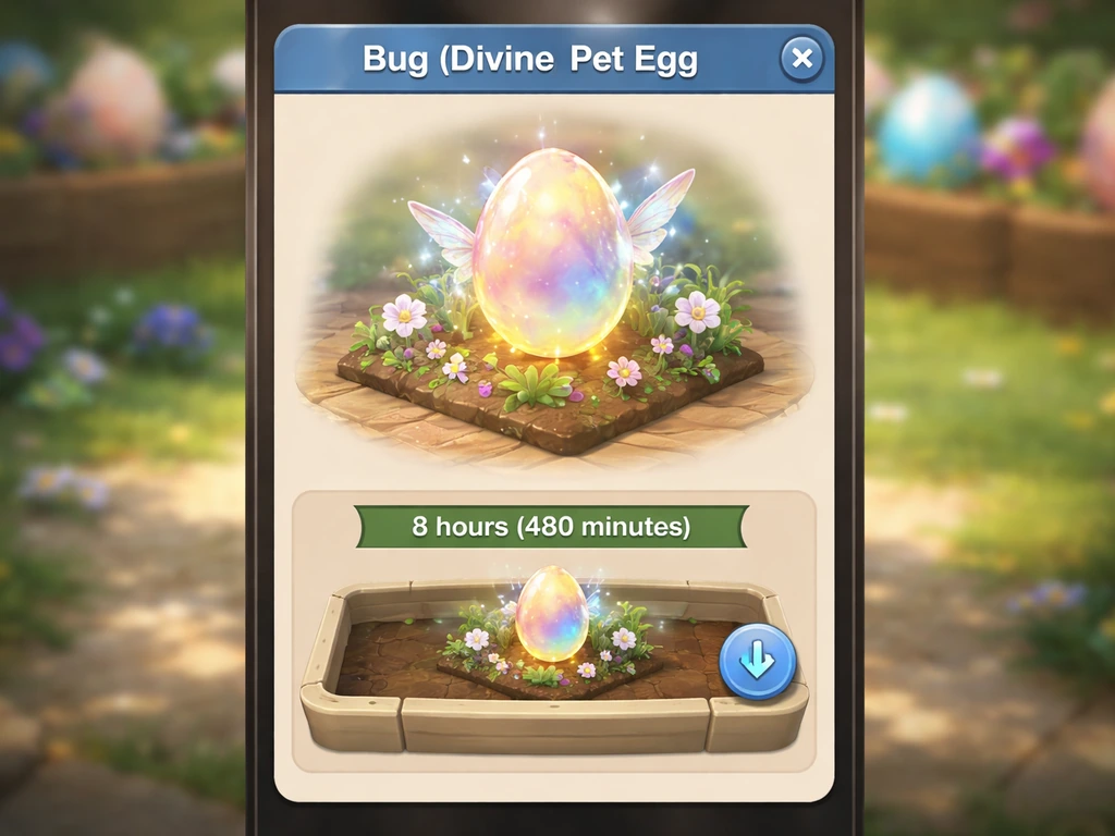 Bug (Divine) Pet Egg slot setup with 8-hour hatch timer concept