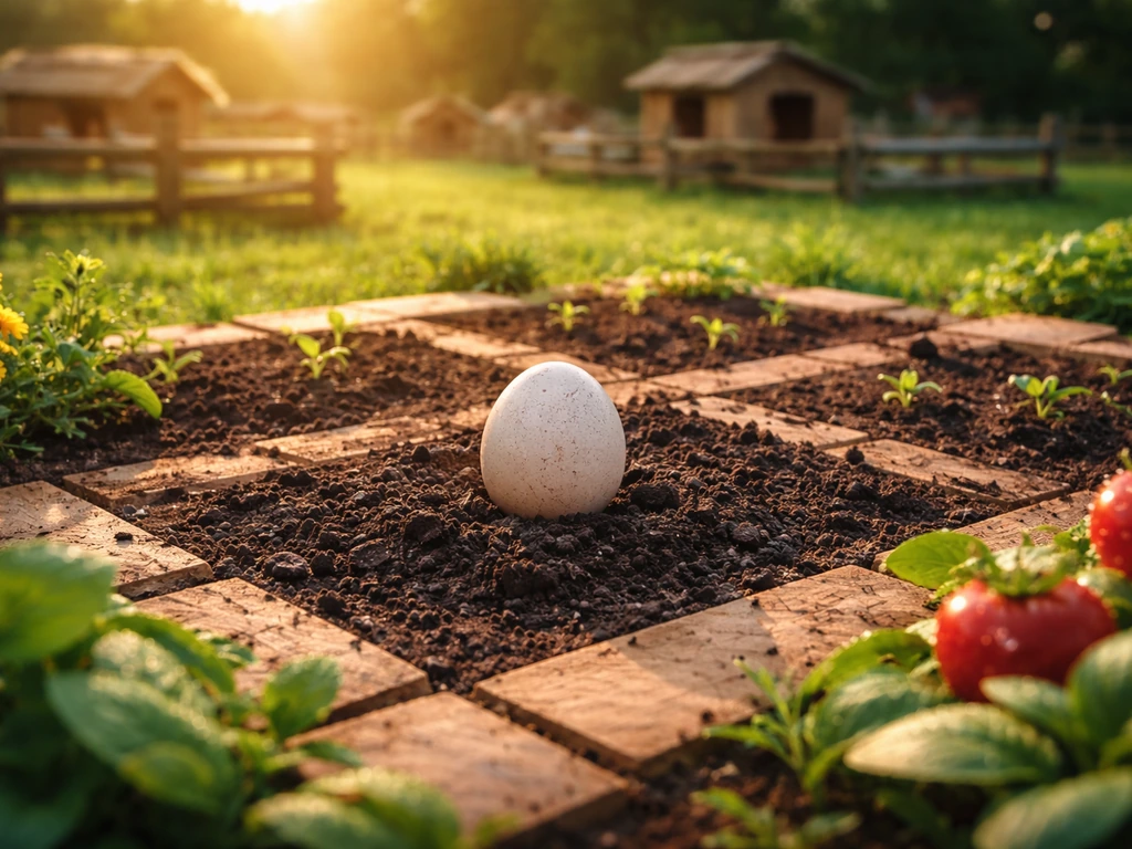 Vibrant farm plot with an unhatched egg among garden tiles and pet habitats softly blurred in the background.