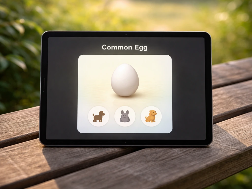 Minimal close-up of a garden-themed “Common Egg” item card showing three pet icons: Dog, Bunny, Golden Lab.
