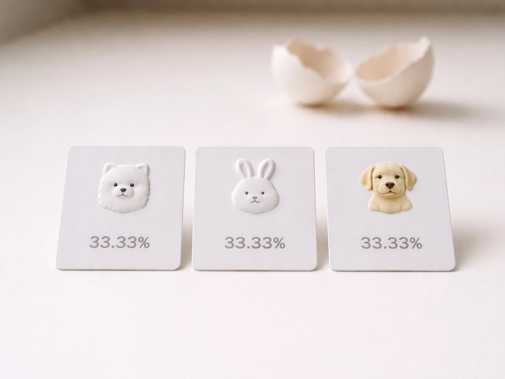 Three simple egg-outcome cards side by side showing Dog, Bunny, and Golden Lab at equal 33.33% each.