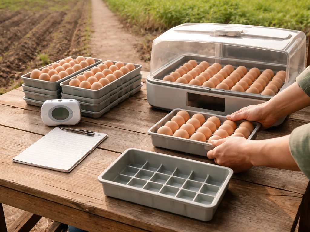 Minimal farm setup showing repeatable egg-hatching routine with incubator tray, containers, and timer nearby.