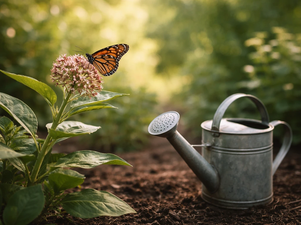 A butterfly perched on a milkweed flower near a garden watering can, symbolizing trade-offs and passive value.