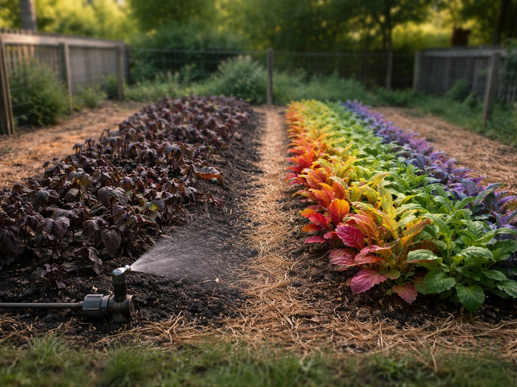 Minimal farm plot with a small greenhouse row showing heavily-mutated crops transitioning to vivid rainbow growth.